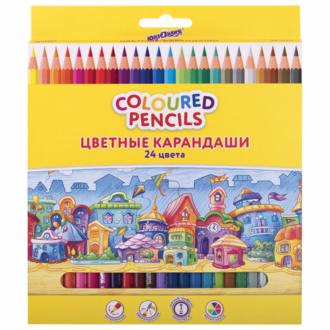 Карандаши цветные ЮНЛАНДИЯ "ДОМИКИ", 24 цвета, классические, грифель мягкий 3 мм