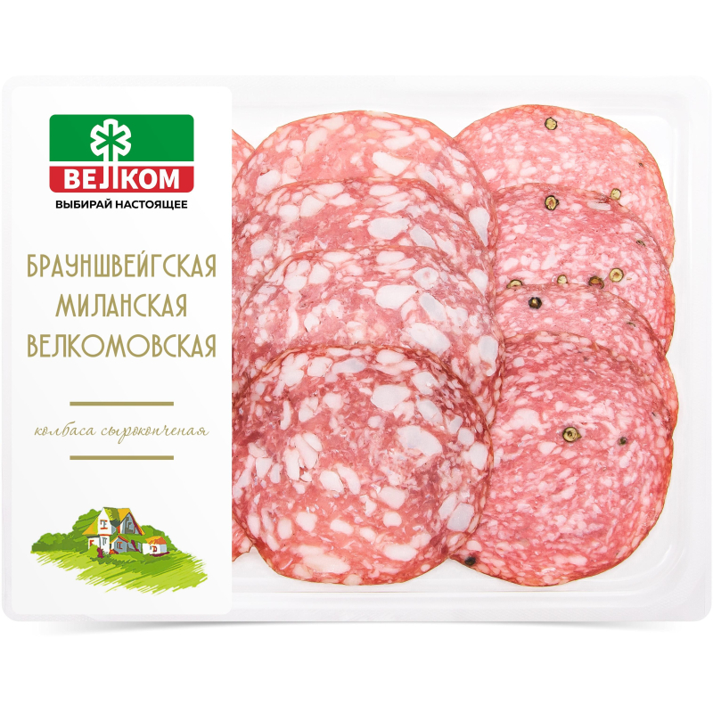 Колбаса Велком Брауншвейгская Миланская Велкомовская сырокопченая нарезка 90 г