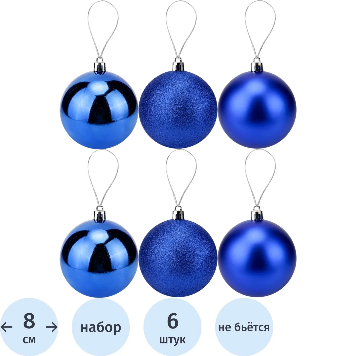 Набор шаров новогодних синих елочных Шелк, бархат, люрекс 8 см , НУ-7002