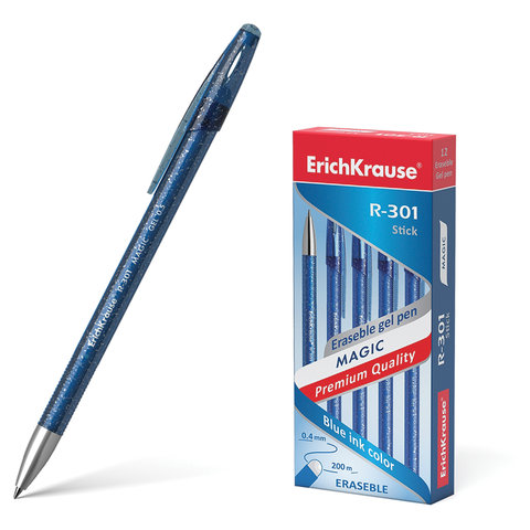 Ручка стираемая гелевая ERICH KRAUSE "R-301 Magic Gel", СИНЯЯ, корпус синий, узел 0,5 мм, линия письма 0,4 мм