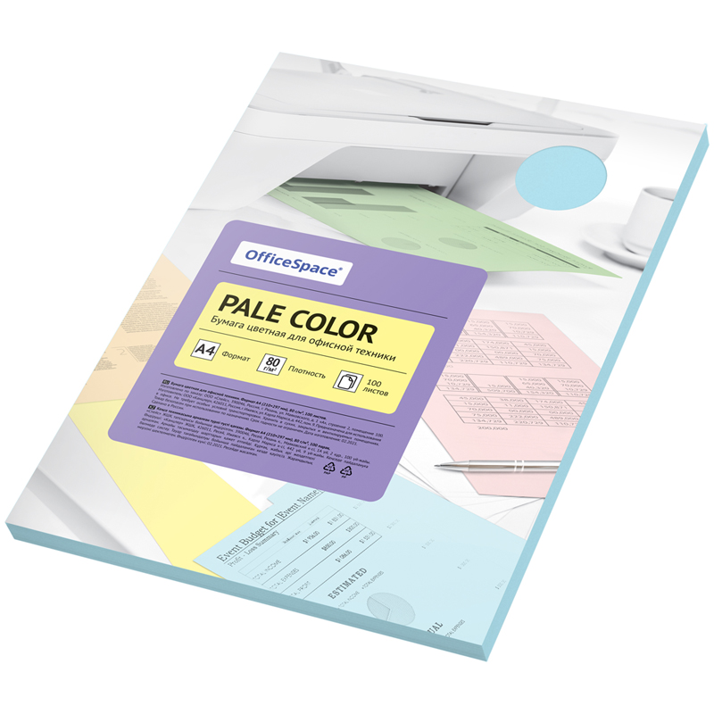 Бумага цветная OfficeSpace "Pale Color", A4, 80 г/м², 100л., (голубой)