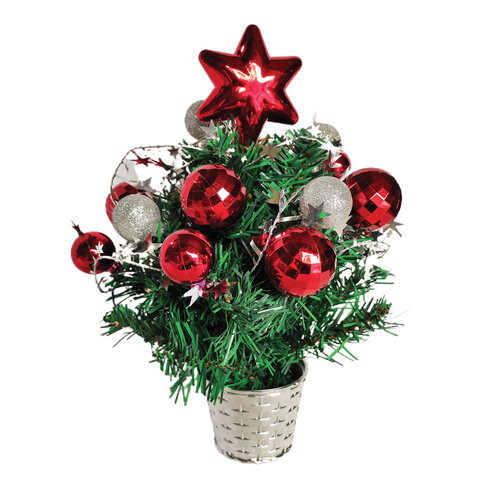 Ель искусственная новогодняя декоративная ЗОЛОТАЯ СКАЗКА 30 см, ПВХ, красные/серебристые украшения,