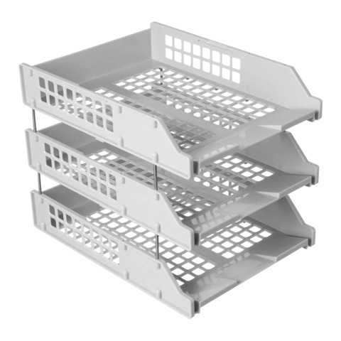 Лотки горизонтальные для бумаг, НАБОР 3 шт. (340х260х240 мм), на металлических стержнях, серые, СТАМ