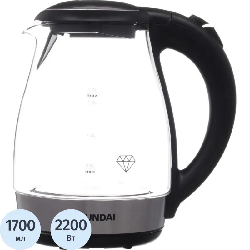 Чайник Hyundai HYK-G2030 1.7л. 2200Вт черный/серебристый