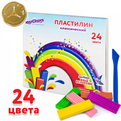 Пластилин классический ЮНЛАНДИЯ "ЮНЫЙ ВОЛШЕБНИК", 24 цвета, 480 г, СО СТЕКОМ