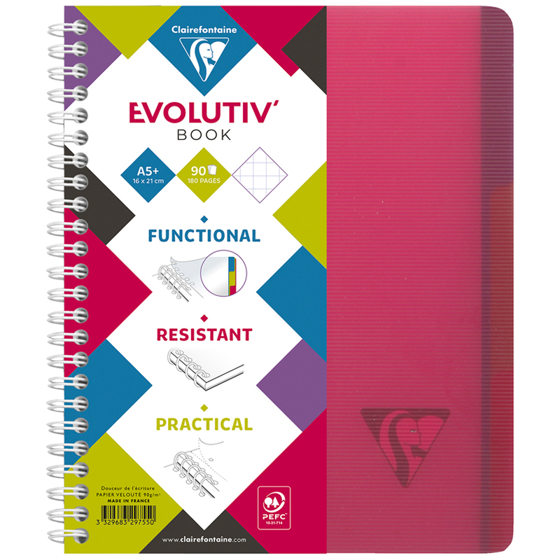 Бизнес-тетрадь 90л., А5+, клетка на гребне Clairefontaine "Evolutiv'Book", пластик. обложка, красная
