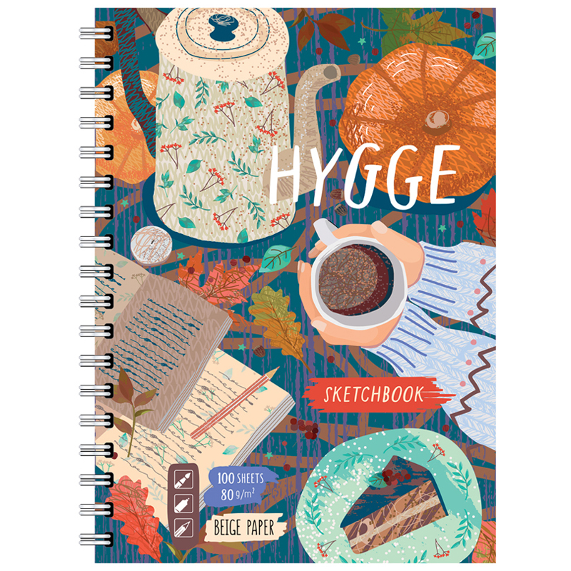 Скетчбук-тетрадь 100л., А5 BG "Hygge", на гребне, матовая ламинация, 80г/м2, бежевый блок, твердая о