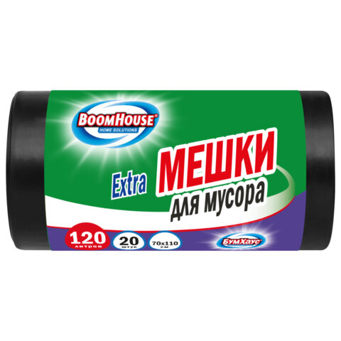 Мешки для мусора 120 л, черные в рулоне 20 штук прочные, ПВД 35 мкм, 70x110 см, серия Extra, BOOMHOUSE (БУМХАУС), 702662
