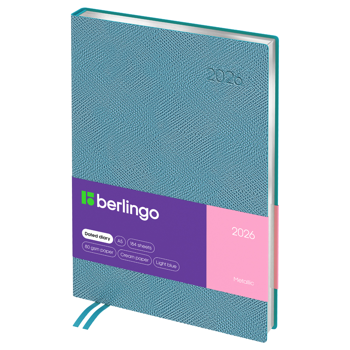 Ежедневник датированный 2026г., А5, 184л., кожзам, Berlingo "Metallic", сер. срез, голубой металлик