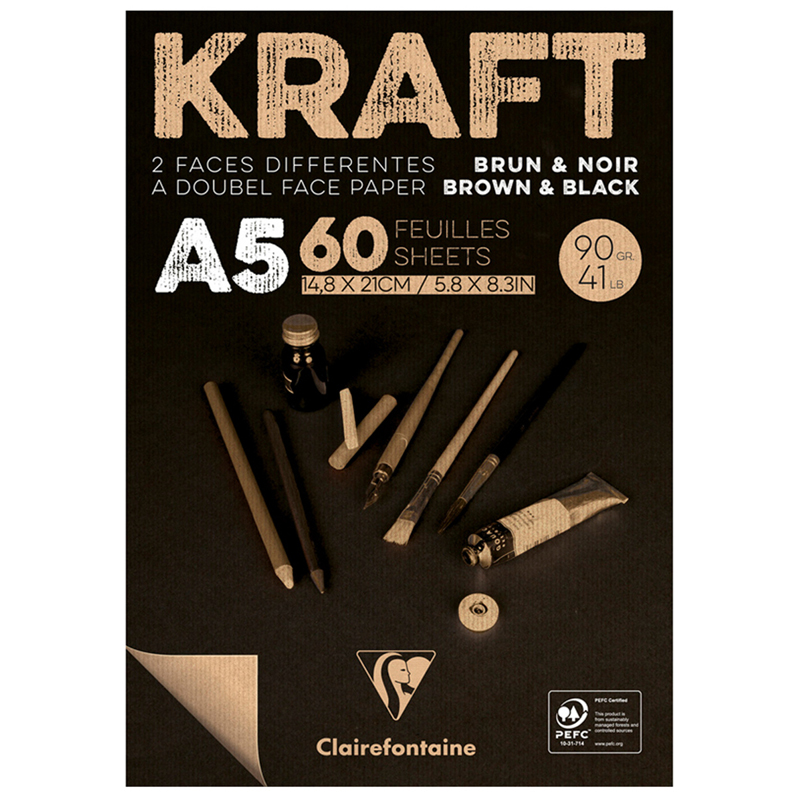 Скетчбук - блокнот 60л., А5 Clairefontaine "Kraft", на склейке, 90г/м2, верже, черный/крафт