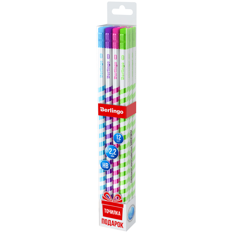 Набор карандашей ч/г Berlingo "Supertwist" HB, 12шт, круглый, заточен., с ластиком, точилка, пластик