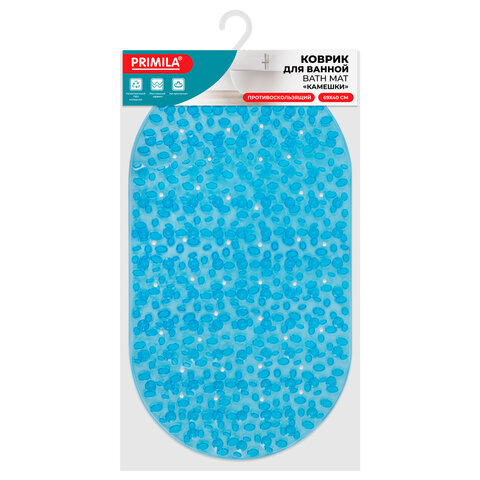 Коврик для ванны противоскользящий 69х40 см, "Камешки", овальный, прозрачно-голубой, ПВХ, PRIMILA (ПРИМИЛА), 700368