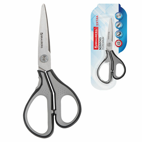 Ножницы BRAUBERG "SUPER", 175 мм, серо-черные, 2-х сторонняя заточка, эргономичные ручки