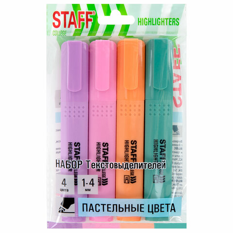 Набор текстовыделителей 4 ПАСТЕЛЬНЫХ ЦВЕТА, АССОРТИ, STAFF College "STICK PASTEL", линия письма 1-4 мм, скошенный наконечник, 1525