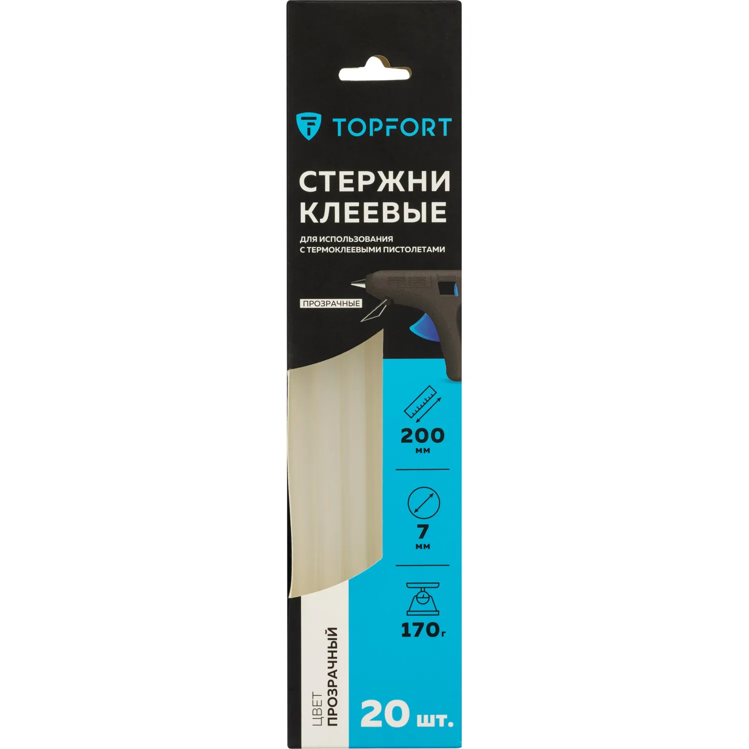 Стержень клеевой прозрачные 7x200, упаковка 20 штук, TOPFORT