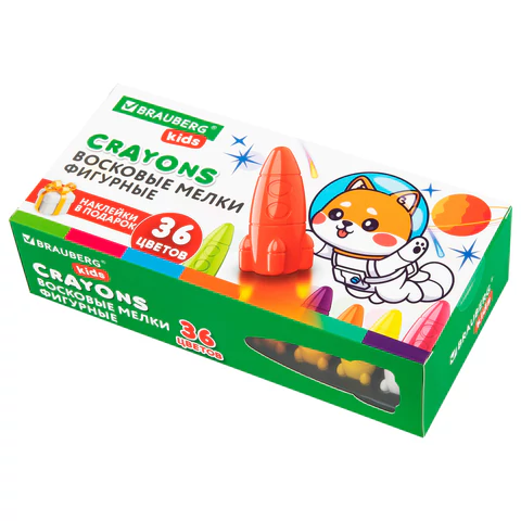 Восковые мелки фигурные BRAUBERG KIDS "РАКЕТА", НАБОР 36 цветов + НАКЛЕЙКИ В ПОДАРОК, 273084