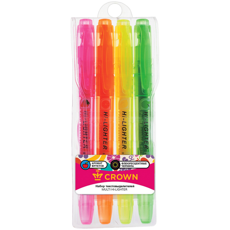 Набор текстовыделителей Crown "Multi Hi-Lighter Aroma" 04цв., 1-4мм, ароматиз., чехол с европодвесом
