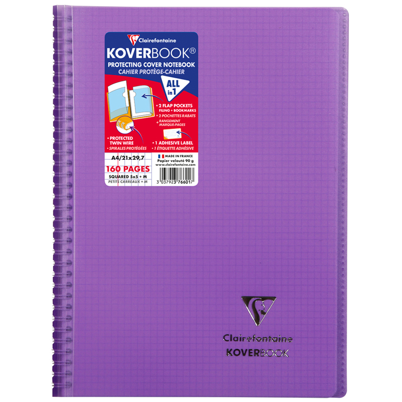 Бизнес-тетрадь 80л., А4, клетка на гребне Clairefontaine "Koverbook", пластик. обложка, фиолетовая, 90г/м2