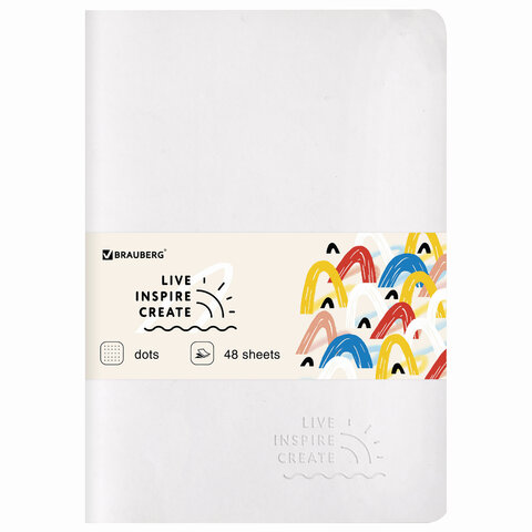 Тетрадь 48 л. в точку обложка кожзам SoftTouch, сшивка, A5 (147х210мм), БЕЛЫЙ, BRAUBERG RAINBOW, 403