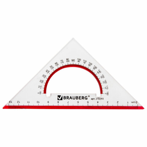 Треугольник пластиковый, угол 45, 13 см, BRAUBERG "Crystal", с транспортиром, прозрачный, с выделенн