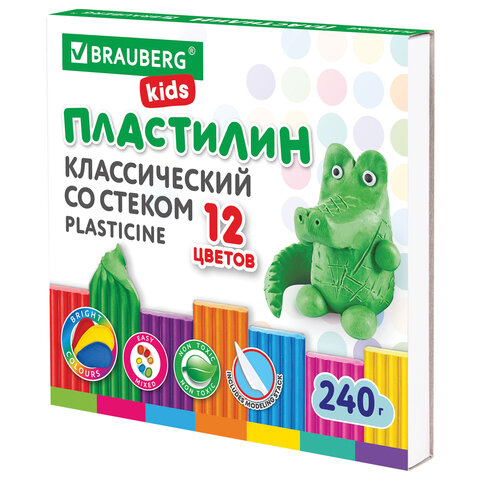 Пластилин классический BRAUBERG "KIDS", 12 цветов, 240 г, стек, ВЫСШЕЕ КАЧЕСТВО,106436