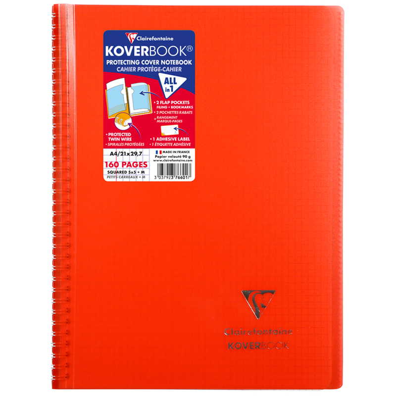 Бизнес-тетрадь 80л., А4, клетка на гребне Clairefontaine "Koverbook", пластик. обложка, красная, 90г/м2