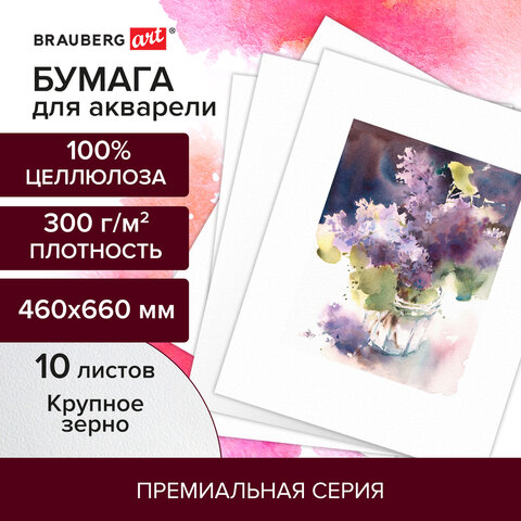 Бумага для акварели 300 г/м2 460x660 мм крупное зерно, 10 листов, BRAUBERG ART PREMIERE, 113234