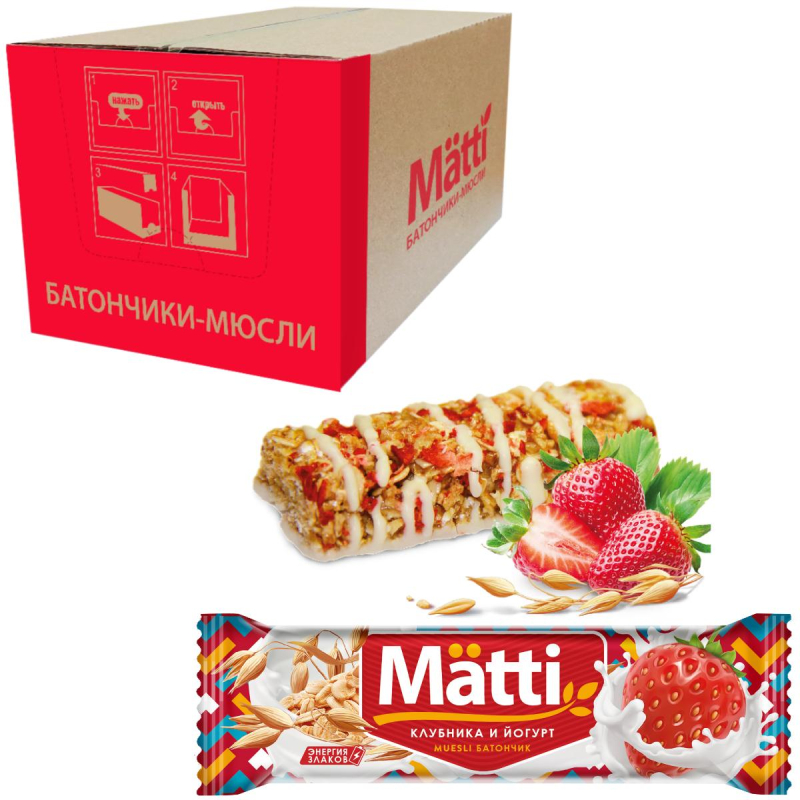 Батончик мюсли Matti Клубника и йогурт, 24гх24шт/уп