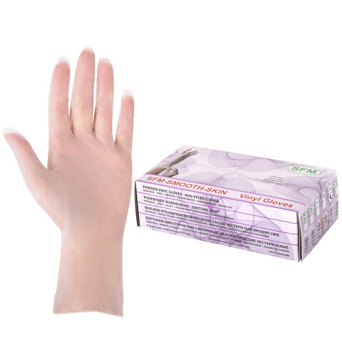 Перчатки виниловые смотровые 50 пар (100 штук), размер S (малый), прозрачные, SFM, Германия
