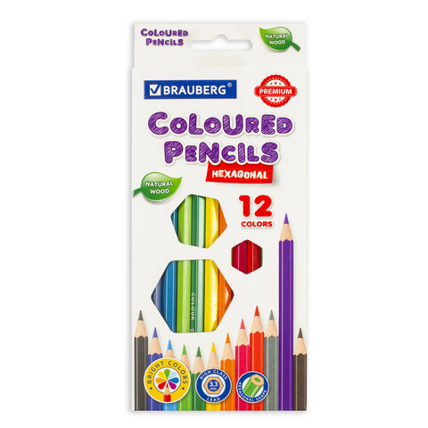 Карандаши цветные BRAUBERG PREMIUM, 12 цветов, шестигранные, грифель мягкий 3,3 мм