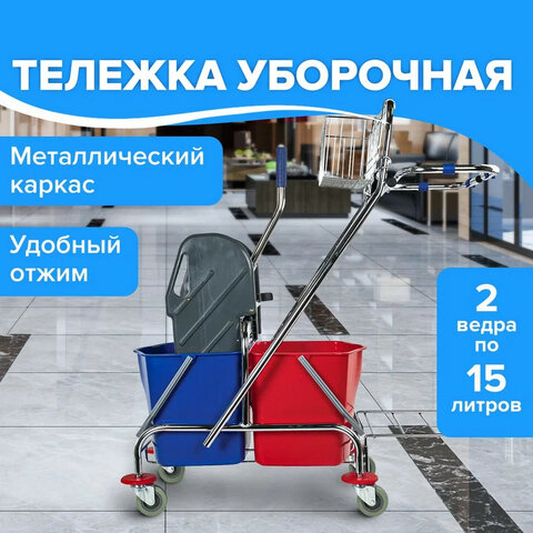 Тележка уборочная BRABIX, 2 съемных ведра 20 л, механический отжим, корзина, держатель для мешка, по