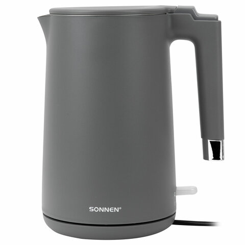 Чайник электрический с двойными стенками SONNEN KT-8719G, 1,5 л, 2200 Вт, графитовый, 454693