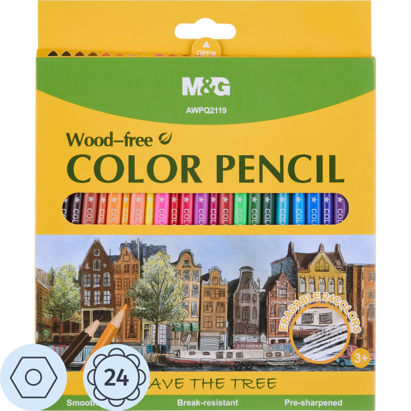 Карандаши цветные M&G деревянные шестигранные, 24 цв в наборе