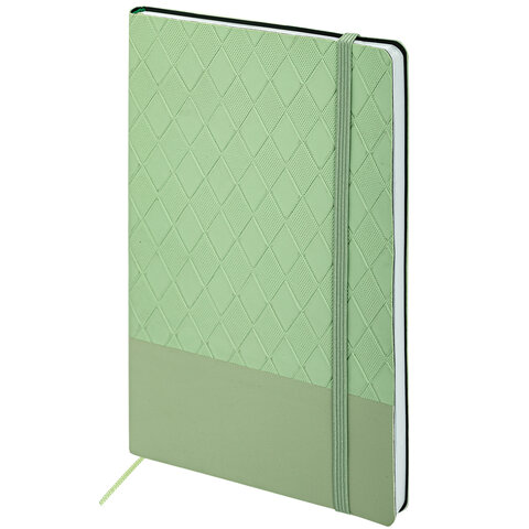 Блокнот А5 138x213 мм, BRAUBERG "Tissage", под кожу, 80 л., резинка, клетка, оливковый, 116602