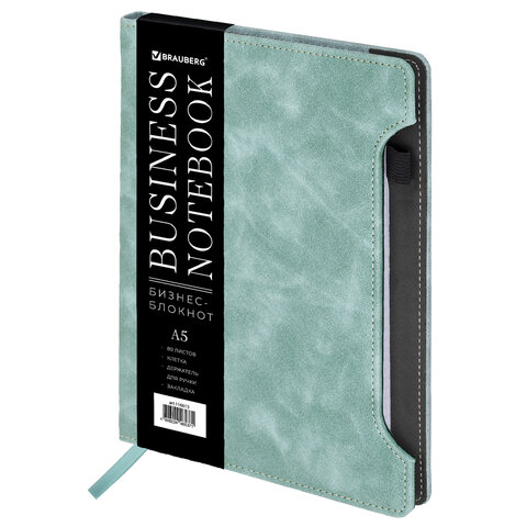 Блокнот А5 165x218 мм, BRAUBERG "Perfect", под кожу софт-тач, держатель для ручки, 80 листов, клетка, серо-голубой, 116615