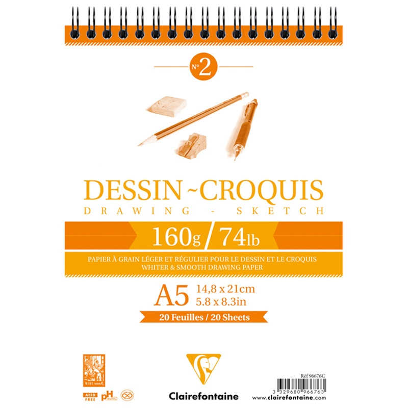 Блокнот для эскизов и зарисовок 35л. А5 на гребне Clairefontaine "Dessin croquis", 160г/м2