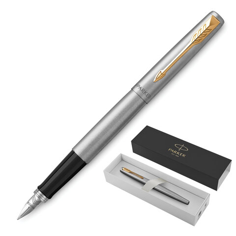 Ручка перьевая PARKER "Jotter Stainless Steel GT", корпус серебристый, позолоченные детали, синяя, 2