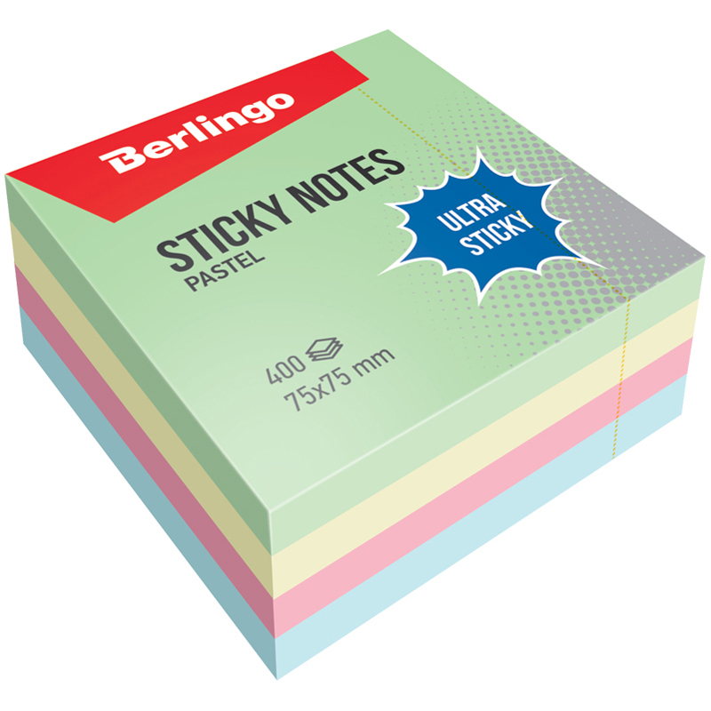 Самоклеящийся блок Berlingo "Ultra Sticky", 75*75мм, 400л, 4 пастельных цвета