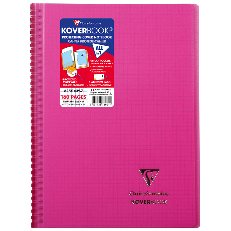Бизнес-тетрадь 80л., А4, клетка на гребне Clairefontaine "Koverbook", пластик. обложка, розовая, 90г/м2