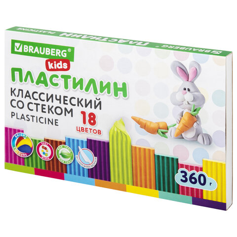 Пластилин классический BRAUBERG KIDS, 18 цветов, 360 г, со стеком