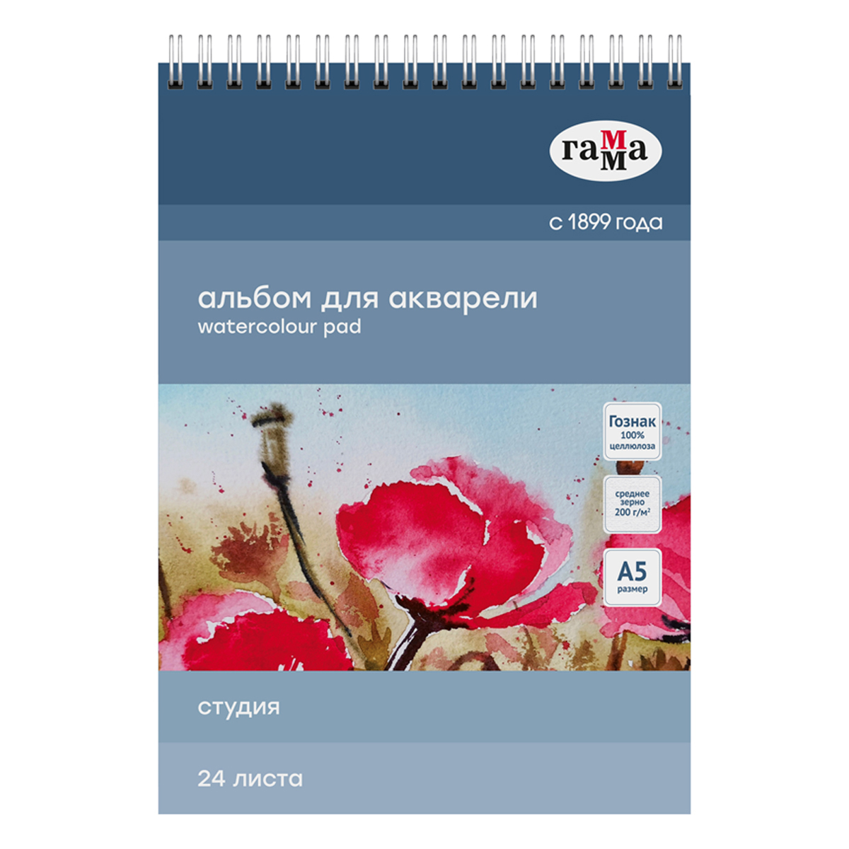 Альбом для акварели, 24л., А5, на спирали Гамма "Студия", 200г/м2, среднее зерно