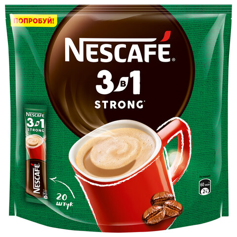 Кофе растворимый NESCAFE "3 в 1 Крепкий", КОМПЛЕКТ 20 пакетиков по 14,5 г (упаковка 290 г), 12460873