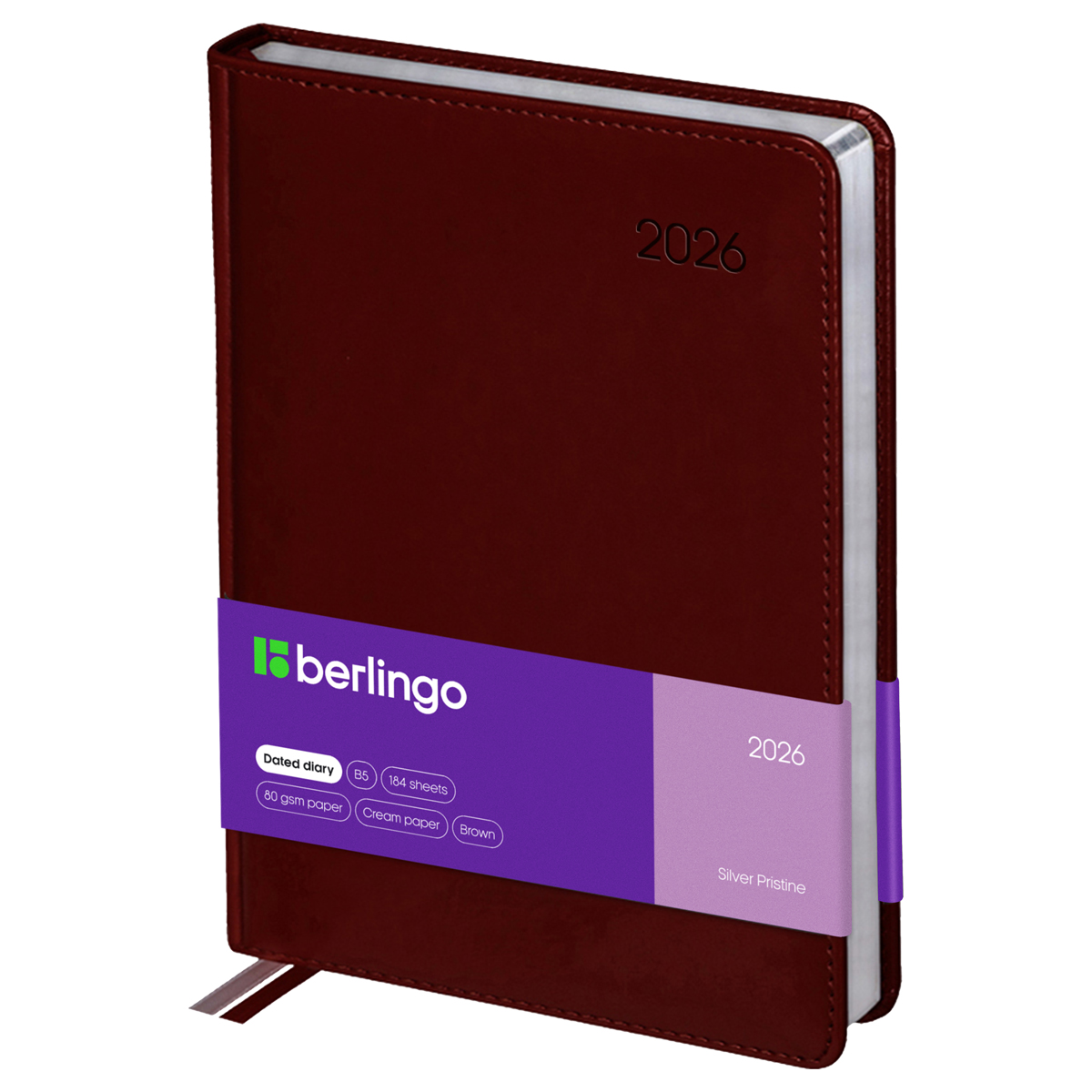 Ежедневник датированный 2026г., А4-(В5), 184л., кожзам, Berlingo "Silver Pristine", сер. срез, коричневый