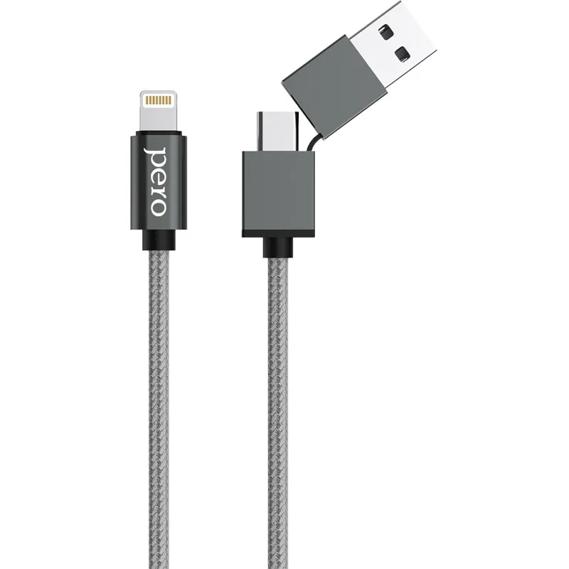 Кабель PERO, DC-07, 1м, Type-C/USB-A to Lightning, 20W, серый