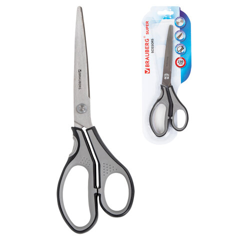 Ножницы BRAUBERG "SUPER", 230 мм, серо-черные, 2-х сторонняя заточка, эргономичные ручки