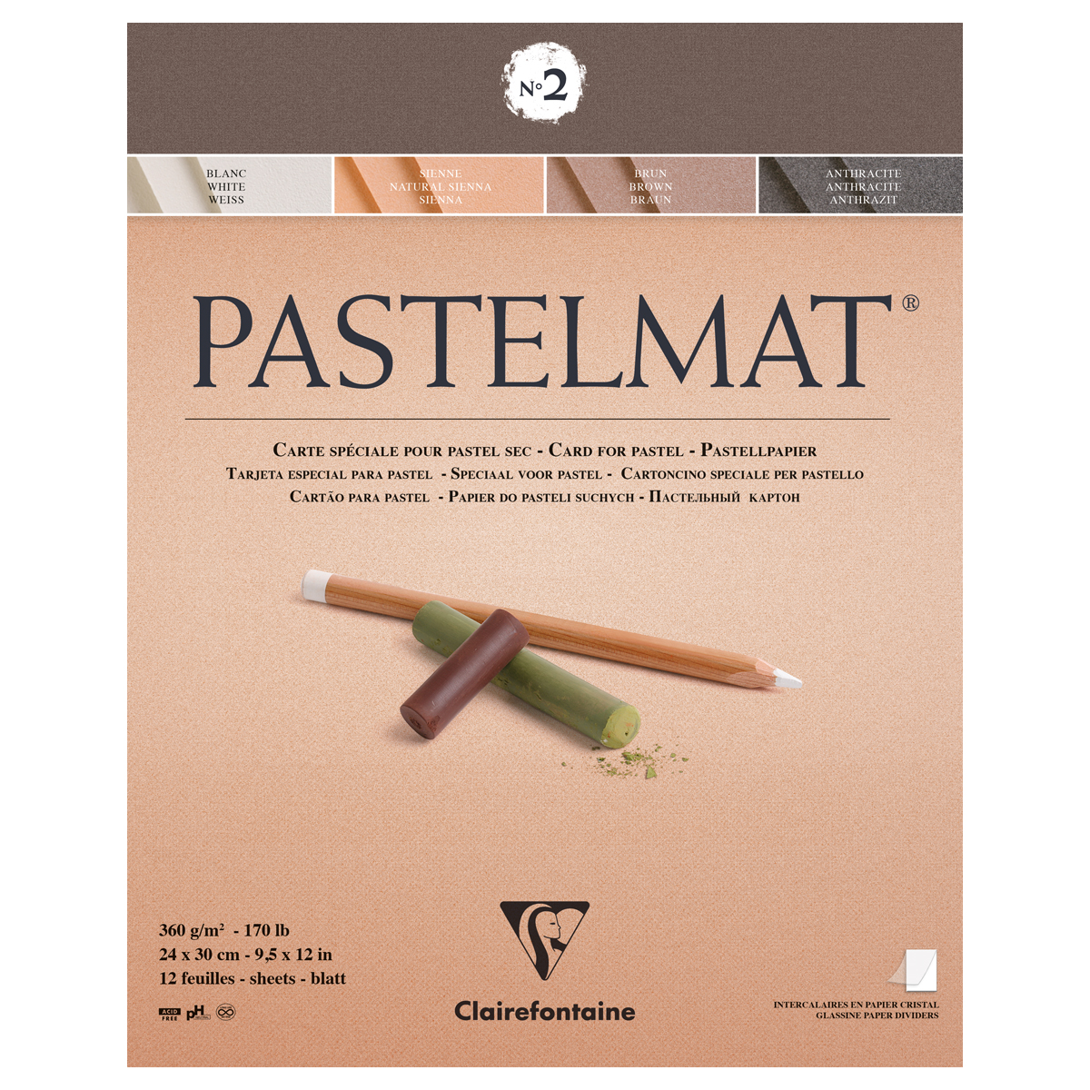Альбом для пастели, 12л., 240*300мм, на склейке Clairefontaine "Pastelmat", 360г/м2, бархат, цв. бло