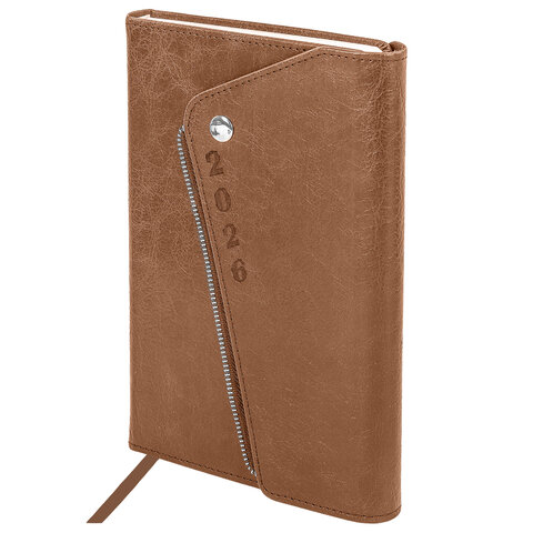Ежедневник датированный 2026, А5, 145х213 мм, BRAUBERG "Jacket", под кожу, клапан, держатель, бежевый, 117400
