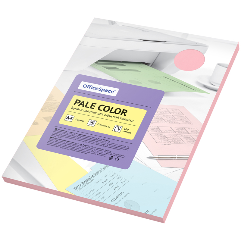 Бумага цветная OfficeSpace "Pale Color", A4, 80 г/м², 100л., (розовый)