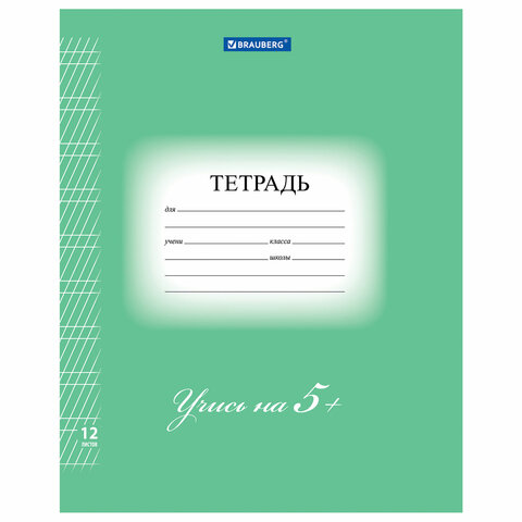 Тетрадь 12 л. BRAUBERG ЭКО "5-КА", частая косая линия, обложка плотная мелованная бумага, ЗЕЛЕНАЯ, 1