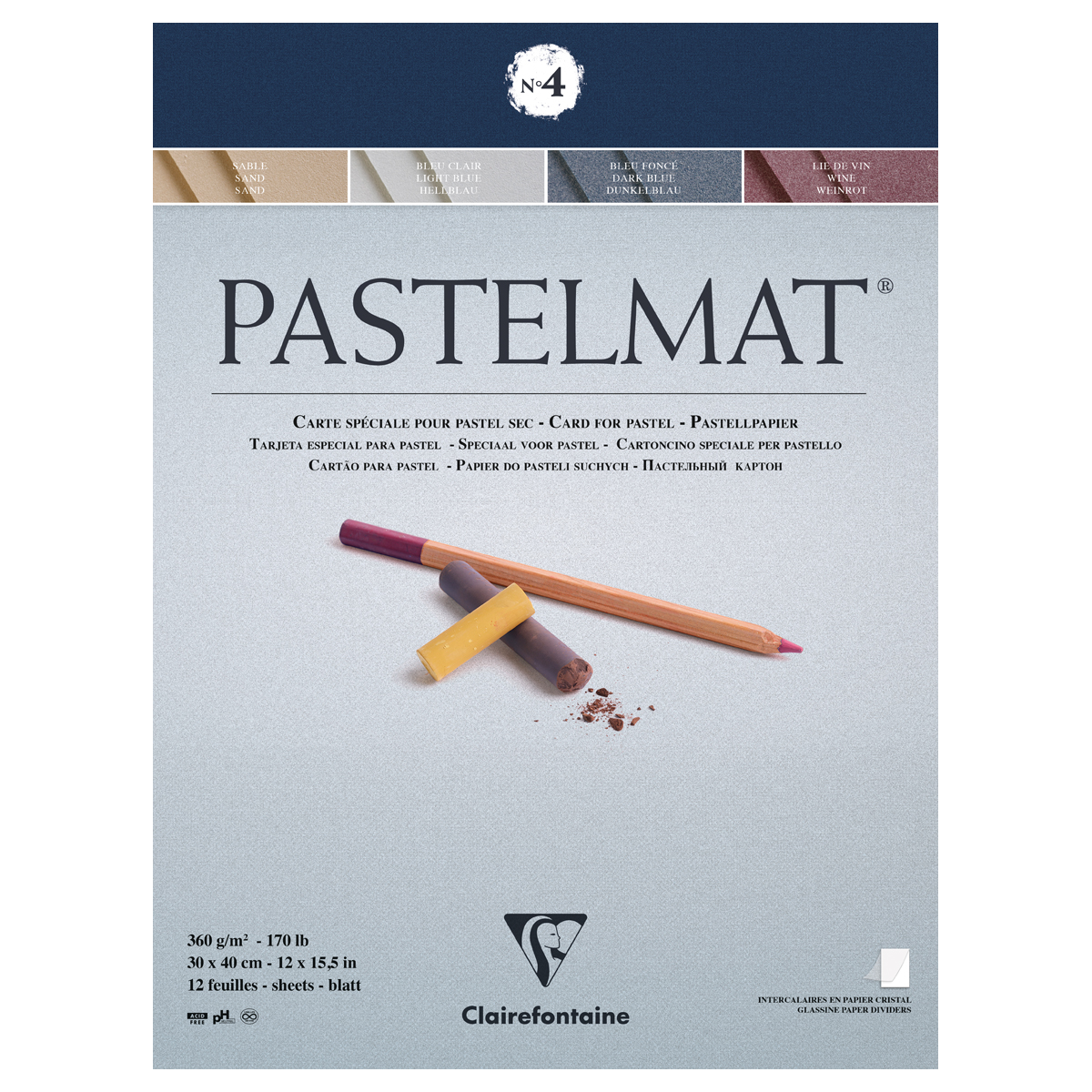 Альбом для пастели, 12л., 300*400мм, на склейке Clairefontaine "Pastelmat", 360г/м2, бархат, цв. бло